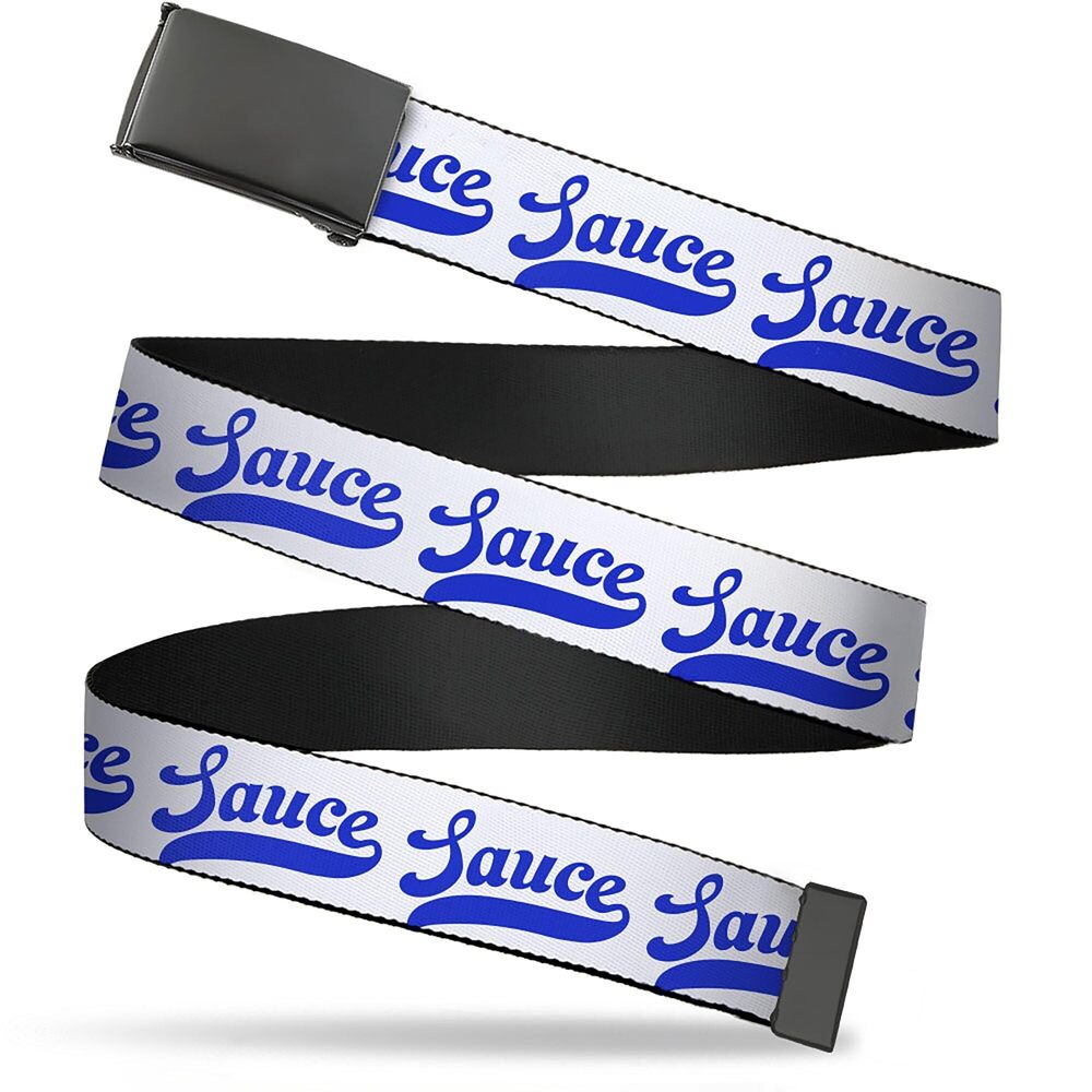 2672 Web Belt Blank Black Buckle - SAUCE Baseball Script White/Blue Webbing